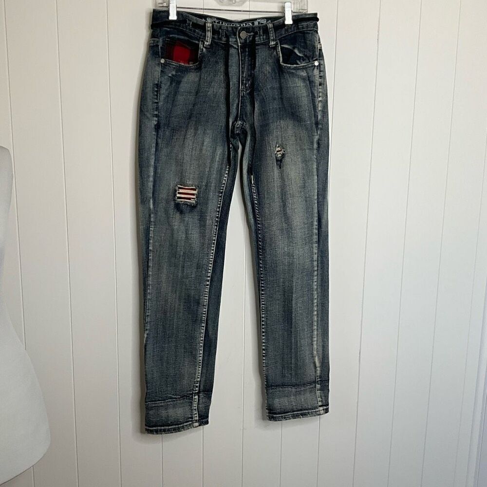 CCS Legacy Flex Mens 30x32 Distressed Denim Jeans Blue USA Flag Patch Stretch